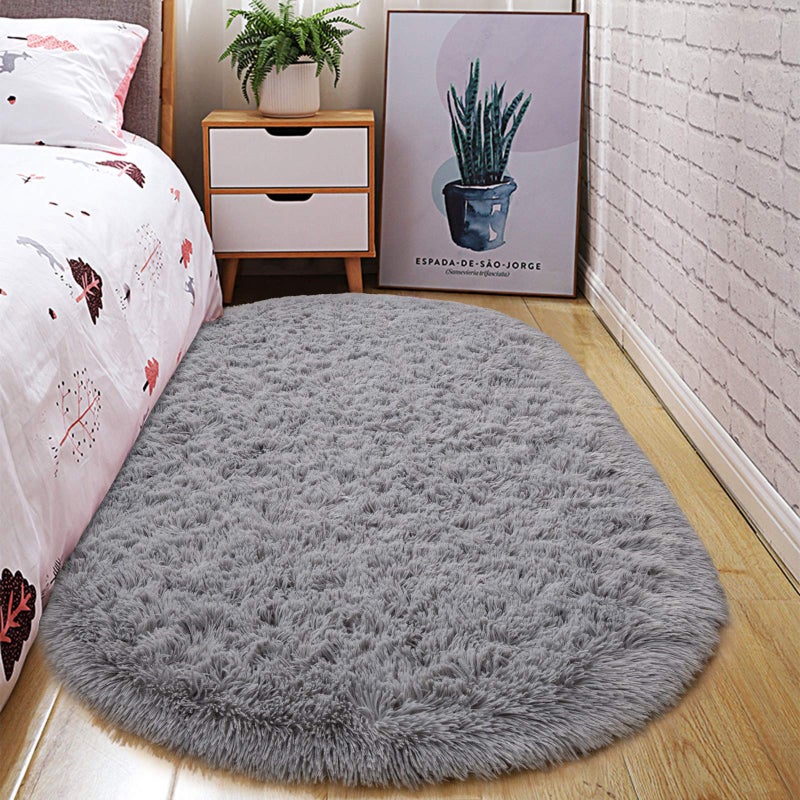 junovo Ultra Soft Washable Shaggy Rug - Non-Slip Oval Carpet for Nursery, Kids Bedroom & Home Decor (2.6x5.3ft Grey) | Plush Fluffy Floor Mat for Cozy Living Spaces - Image 1